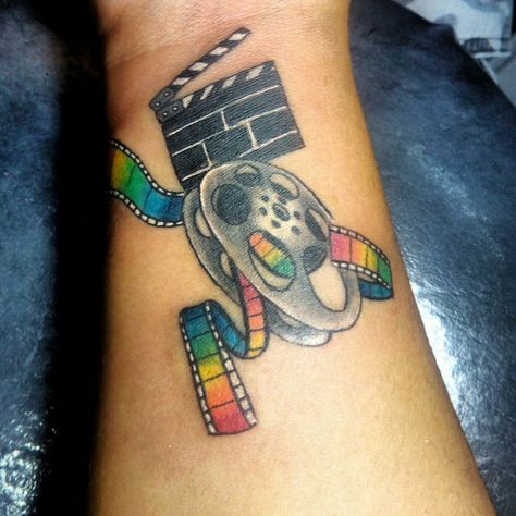 My own version of Clapperboard tattoo and Film... LGBT colors. 😂 Clapperboard Tattoo, Cinema Tattoo, Psychology Tattoo, Feather Outline, Tv Tattoo, Lgbt Tattoo, Legs Tattoo, Clapper Board, Artsy Tattoos