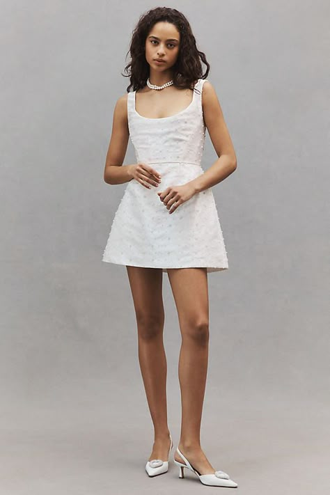 Obsessed with By Watters Obsessed Dress! This perfectly sparkly mini is built to dance the night away. Adorned with luxurious beads, the Mikado fabric scoops across the corseted bodice and balances perfectly with the modern A-line silhouette. | Obsessed Scoop A-Line Mini Dress by Watters in White, Women's, Size: 6, Polyester at Anthropologie Bridal Shower Mini Dress, Modern Bride Outfits, Mini Elopement Dress, Zimmerman White Dress, Bride Mini Dress, Wedding After Party Dress For Bride Short, Rehearsal Dress For Bride, Afterparty Wedding Dress Short, After Party Wedding Dress Short