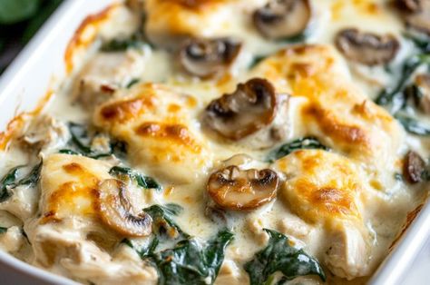 Creamy Chicken Casserole with Spinach, Mushrooms, and Melted Mozzarella Heavy Cream Chicken Recipe, Casserole With Spinach, Chicken Spinach Mushroom, Cream Chicken Recipes, Chicken Mushroom Casserole, Cheesy Chicken Casserole, Creamy Chicken Casserole, Creamy Mushroom Chicken, Spinach Casserole