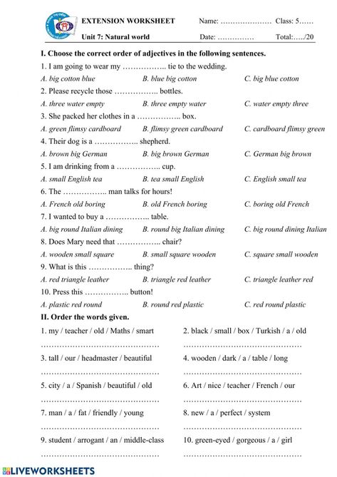 Order of adjectives online worksheet for Grade 5. You can do the exercises online or download the worksheet as pdf. Kinds Of Adjectives Worksheet 4th Grade, Gradable And Non Gradable Adjectives Worksheet, Antonyms Worksheet For Grade 5, Grade 5 Vocabulary Worksheets, Adjectives Worksheet Grade 5, Grammar Worksheets Grade 5, Order Of Adjectives Worksheet, Grade 5 Worksheets, Adjectives Exercises