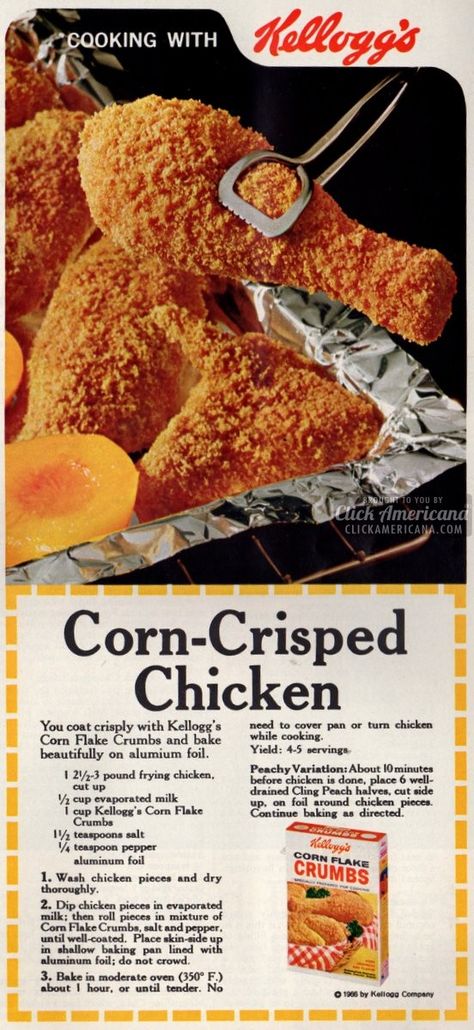 1966-Corn-Crisped Chicken(Bet this would be great on the grill!!) Crisp Chicken, Cornflake Chicken, Chicken In The Oven, Flake Recipes, Kellogg's Corn Flakes, Corn Flake, Fried Chicken Recipes, Corn Flakes, Old Fashioned Recipes