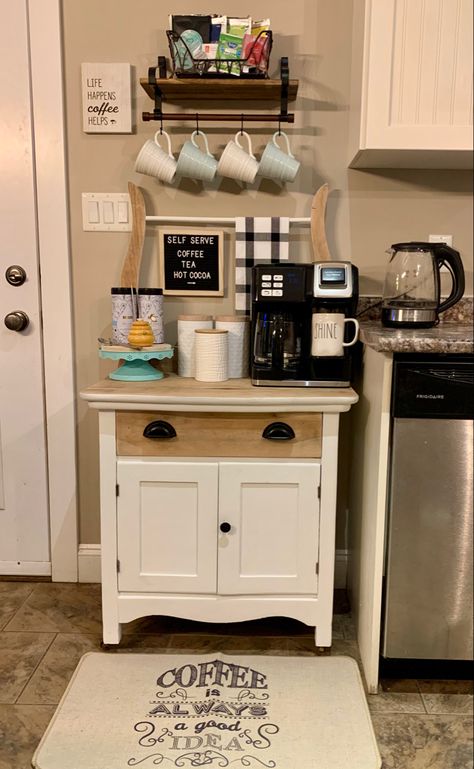 Created using an antique wash stand Antique Wash Stand Coffee Bar, Wash Stand Coffee Bar Ideas, How To Decorate Antique Washstand, Antique Wash Stand Repurposed, Wash Stand Makeover, Keurig Station, Coffee Tea Station, Antique Wash Stand, Shed Tiny Home