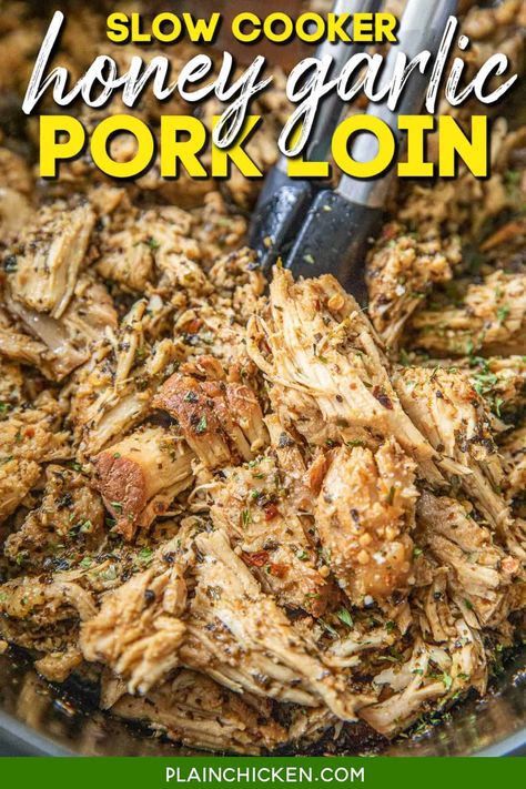 Slow Cooker Honey Garlic Pork Loin – Dangerously delicious! Super simple to make and it tastes great! Pork loin, parmesan cheese, olive oil, garlic, honey, soy sauce, oregano, basil, salt, and pepper. Dump everything in the crockpot and let it cook all day. Can shred or slice the cooked pork. Serve over grits or potatoes. Such an easy and delicious weeknight meal! This is also a great alternative to turkey for Thanksgiving and Christmas dinner. Pork Loin Crockpot Recipes Crock Pots, Slow Cooker Honey Garlic Pork Chops, Pork Loin Chops In Crockpot, Pork Loin Crock Pot Recipes Easy, Honey Garlic Pork Loin, Garlic Pork Loin, Pork Loin Crock Pot Recipes, Pork Cooking Temperature, Pork Loin Ribs