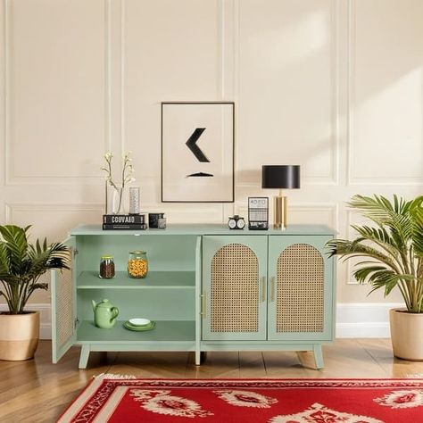 Modern and Retro Woven Rattan Accents Storage Cabinet with 4 Rattan Decorative Doors, Mint Green - Bed Bath & Beyond - 40438341 Mint Green Bed, Green Furniture Living Room, Mint Green Decor, Retro Storage, Billy Oxberg, Decorative Doors, Green Bed, Mdf Furniture, Media Consoles