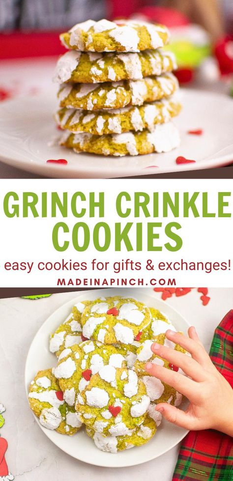 Grinch Crinkle Cookie pin featuring two images. The top image is a stack of 5 cookies on a plate. The bottom image is a plate of Grinch cookies with a child's hand reaching to take one. In the middle are the words "Grinch Crinkle Cookies: easy cookies for gifts & exchanges!" and the website: "madeinapinch.com." Grinch Crinkle Cookies, Family Meals Kid Friendly, Cookie Platters, Healthy Kid Friendly Meals, Cookie Platter, Cookies From Scratch, Holiday Desserts Table, Quick Side Dishes, Scrumptious Food