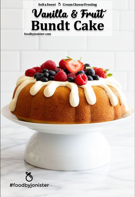 Bundt Cake With Fruit, Bundt Cake With Cream Cheese Frosting, Vanilla Fruit Cake, Healthy Loafs, Vanilla Cake With Fruit, Fruit Bundt Cake, Berry Bundt Cake, Vanilla Bundt Cake Recipes, White Chocolate Cream Cheese Frosting