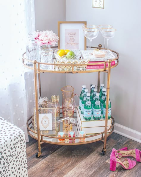 10 ABSOLUTE CUTEST WAYS TO DECORATE A BAR CART FOR VALENTINE’S DAY Glam Bar Cart, Bar Cart Inspo, Bar Cart Inspiration, Glam Bar, Coffee Bar Cart, Gold Bar Cart, College House, Bar Cart Styling, Cart Decor