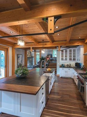 Casa Hobbit, White Cupboards, Cayuga Lake, Pot Lights, Cabin Kitchens, Rustic Retreat, Rustic Home Design, Timber Frame Homes, Rustic Kitchen Decor