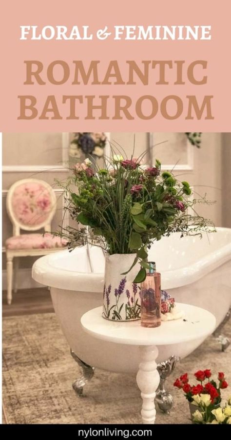 Decor Ideas To Steal From This Flower-Filled Romantic Bathroom | bathroom inspiration | floral bathroom | #homeinspo | #bathroominspiration | #bathroomrenovation - via @nylonliving Vintage Floral Bathroom Ideas, Pink Floral Bathroom Ideas, Pink Vintage Bathroom Decor, Pink Cottagecore Bathroom, Feminine Bathroom Ideas, Pink Rose Bathroom, Romantic Bathroom Decor, Bedroom Decor Bohemian, Romantic Bathrooms