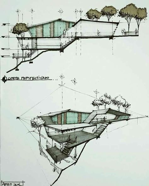 Зверху-розріз забудови по рельєфу.Внизу -перспективний розріз забудови. Portfolio D'architecture, Sketchbook Architecture, Model Architecture, Architecture Sketches, Architectural Presentation, Architecture Drawing Plan, Plans Architecture, Architecture Sketchbook, Architecture Design Sketch