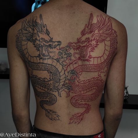 Tattoo dragon black and red Symmetrical Dragon Back Tattoo, Dragon Half Back Tattoo, Red And Black Chinese Dragon Tattoo, Double Dragon Back Tattoo, Chinese Dragon Tattoos Back, Back Dragon Tattoo Men, Dragon Tattoo Back Man, Dragon Back Tattoos Men, Black And Red Dragon Tattoo