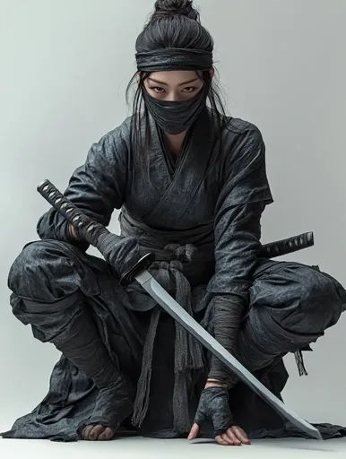 ↑↑↑ Larger size on website 🔸 A female ninja, dressed in all black, crouches on a white background. She is wearing a mask that cov Ninja Japan, Samurai Concept, Female Ninja, Fox Spirit, Wearing A Mask, Calm Before The Storm, Face Cover, Gray Background, All Black