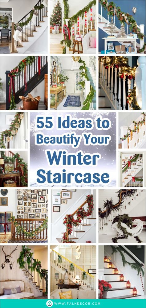 If it is too exhausting to decorate your whole home part with winter touches, then you can simply focus on the staircase decoration. Well, not all of you love to have too much decoration, but giving a few winter touches can be interesting to welcome the season and give the spirit of the season to your home. #winterdecoration #winterstaircase #staircasedecor Winter Banister Decorations, Banister Decorations Everyday, Winter Staircase Decor, Decorate Staircase For Christmas, Stairs Decor Ideas, Stairs Wall Design, Stairs Storage Ideas, Stairs And Hallway Ideas, Staircase Decoration