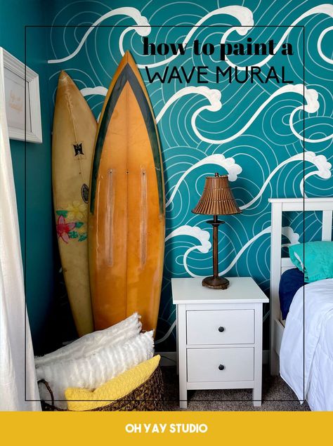 Wave Bedroom, Behr Marquee Paint, Ocean Mural, Wave Stencil, White Sharpie, Bedroom Mural, Beach Mural, Beachy Bedroom, Wall Murals Diy