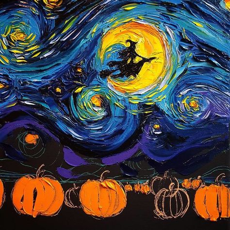 Artist Decides To "Continue" The Works Of Van Gogh And You Will Surely Want More And More Starry Night Halloween Painting, Happy Halloween Painting, Van Gogh Pumpkin Painting, Halloween Artwork Painting, Diy Halloween Painting, Van Gogh Halloween, Halloween Van Gogh, Starry Night Pumpkin, Starry Night Halloween