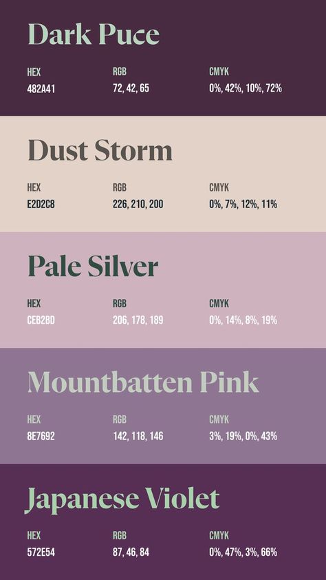 Colors: 482A41 ° E2D2C8 ° CEB2BD ° 8E7692 ° 572E54 Dark Whimsical Color Palette, Lavender And Cream Color Palette, Clothing Color Pallets, Color Pallet Hex Code, Cute Color Hex Codes, Colour Palette Names, House Pallet Colors, Witchy Color Palette Hex Codes, Boho Pallete