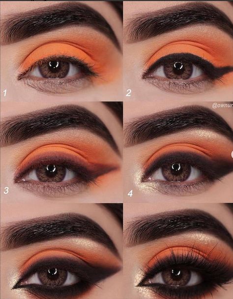 Orange Black Eye Makeup, Black And Orange Smokey Eye, Orange Black Eyeshadow, Black And Orange Eye Makeup, Orange Halloween Eye Makeup, Orange And Black Eye Makeup, Black And Orange Makeup Looks, Orange Eyeshadow Looks Step By Step, Smokey Orange Eye Makeup