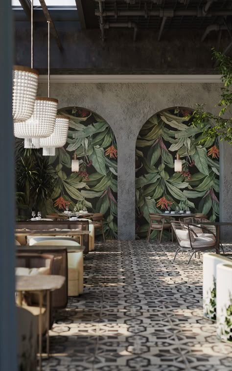 Modern Tropical Interior Design, Modern Tropical Interior, Italian Restaurant Interior Design, Boho Restaurant, Restaurant Exterior Design, Mural Cafe, Luxury Apartments Interior, Bistro Design, Glass Shelves Decor