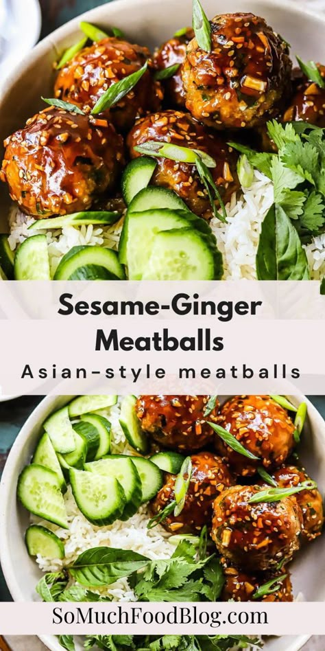 Sesame-ginger meatballs made with a mix of pork and chicken are so tender and perfect for any weeknight dinner. 25 Minute Ginger Steak Cucumber Bowls, Hoisin-serrano Meatballs & Rice Noodle Salad, Ginger Chicken Meatballs Pinch Of Yum, Asian Pork Bites, Sesame Ginger Meatballs, Asian Pork Meatballs Easy Recipes, Ginger Pork Meatballs, Ground Pork And Chicken Recipes, Pickled Ginger Uses