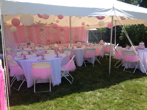 Princess 1st birthday party for our twins! Hadley and London's tent set up - fit for 35 guests. We had 34 exactly so it worked out perfectly. Birthday Tent Decorations, Sweet 16 Tent Party, Tent Decorations Birthday, Outdoor Tent Birthday Party Decoration, Canopy Tent Decorations Birthday Parties, Party Tent Decorations Birthday, Tent Birthday Party Outdoor Pink, Tent Baby Shower, Pink Tent Draping