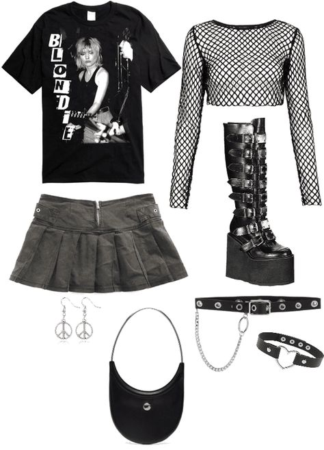 White Shirt Alternative Outfit, Band Tshirt Outfit Grunge, Blondie Outfits, Edgy Alternative Outfits, Blondie Shirt Outfit, Edgy Y2k Outfits, Fitted Punk T-shirt For Alternative Fashion, Punk Outfits Aesthetic, Emo Band Shirt Outfits