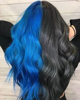 Half Black And Blue Hair, Half And Half Hair Color Blue, Black And Blue Split Dye Hair, Two Colour Hair Color Combos, Half Black Half Blue Hair, Dyed Hair Inspiration For Brunettes, Half Blue Half Black Hair, Two Tone Split Hair Color Ideas, Blue Split Dye Hair