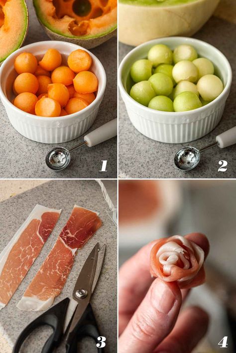 These lovely prosciutto and melon skewers also include ciliegine (fresh mozzarella balls) and tiny leaves of mint. With only 5 ingredients, they’re the easiest, prettiest appetizers or side dish for a colorful brunch, baby shower or mother’s day breakfast. Melon Ball Skewers, Prociutto Appetizers, Melon Skewers, Peach Appetizer, Prosciutto Appetizer, Prosciutto Melon, Ham Wraps, Charcuterie Appetizers, Valentines Brunch