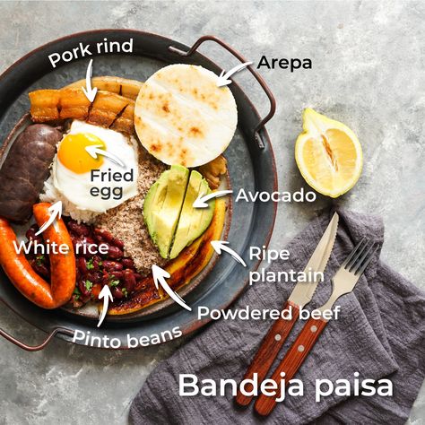 🍛 Bandeja Paisa (Paisa Platter) is one of the most famous Colombian dishes. Originally, the word came from the Andean region of Colombia, where people call each other "paisas." 🇨🇴 #bandejapaisa #arepapower #plantain #arepa #latinfood Colombian Breakfast, Colombian Dishes, Caribbean Foods, Travel Colombia, Ripe Plantain, Colombian Food, Pork Rinds, Latin Food, Food Experiences