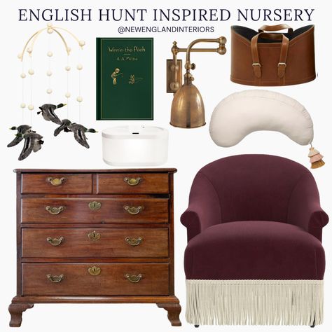 New England Interiors – English Hunt Inspired Nursery – Chair, Dresser, Mobile, Book, Lighting, Storage, Baby Accessories. Dresser Lighting, New England Interiors, Brass Bathroom Mirror, Colonial New England, New England Interior, Hunting Nursery, Spring Living Room, Felt Storage, Natural Living Room