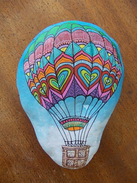 Big hand painted rock,Hot air balloon by Pebble Painting by Rania Papadatou Big Stone Painting Ideas, Big Stone Painting, Hot Air Balloon Painted Rocks, Hot Air Balloon Rock Painting, Big Rock Painting, Big Rock Painting Ideas, Painted Rocks Ideas, Painted Rock Ideas, Hot Air Balloons Art