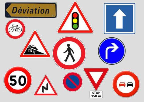 Most common French road signs next to American traffic signs. French Road Signs, French Life, Traffic Sign, Traffic Signs, Road Signs, Learn French, Side By Side, France, Road