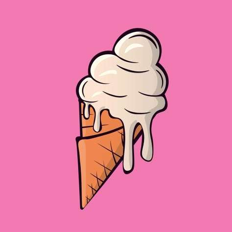 Melting ice cream balls in the waffle cone isolated on pink background. Vector flat outline icon. Comic character in cartoon style illustration for t shirt design Rug Templates, Ice Cream Cone Art, Ice Cream Balls, Ice Cream Background, Melted Ice Cream, Ice Cream Illustration, Melting Ice Cream, Waffle Cone, Waffle Cones