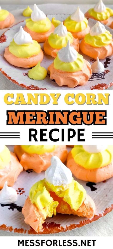 Whip up some spooky and tasty treats with this Halloween Meringue Recipe! Create meringues that look like candy corn with our simple, fun recipe! Perfect for parties and trick-or-treating. Meringue Cookies Halloween, Halloween Meringues, Meringue Halloween, Halloween Meringue, Easy Meringue Recipe, Fun Halloween Drinks, Candy Corn Recipe, Pumpkin Shaped Cookies, Easy Meringues