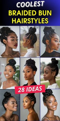 Elevate your hair game with 29 breathtaking braided bun hairstyles. These chic updos combine the intricate beauty of braids with the polished elegance of buns. From romantic crown braids to sleek low buns, discover a style for every occasion. Master the art of weaving and pinning to create flawless looks that last all day. Whether you're attending a wedding or spicing up your everyday style, these versatile hairstyles offer endless possibilities for self-expression and sophistication. Easy 4c Updo Hairstyles, Box Braid Bun Styles Updo, Updo Braid Hairstyles For Black Women, Black Hair Buns Updos, Cornrows Braids For Black Women Bun Updo, Braid Hairstyles For Black Women Updo, Box Braid Updo For Black Women, Cornrow Updo Hairstyles Buns, Braided Bun With Curls