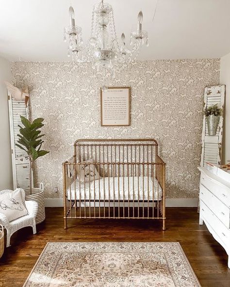 Million Dollar Baby Classic on Instagram: "The best of both worlds 🤩 @tatteredandtarnished's rustic & regal nursery combines tastefully weathered vintage elements and polished, elegant staples like an ornate rug and our Winston 4-in-1 Crib in Vintage Gold ✨ 🕵️‍♀️ We can't get enough of those doors, which she's creatively repurposed to display other décor 🌼" Gold Crib Nursery, Gold Baby Nursery, Ornate Rug, Jamie Miller, Gold Crib, Metal Crib, 4 In 1 Crib, Classic Nursery, White Crib