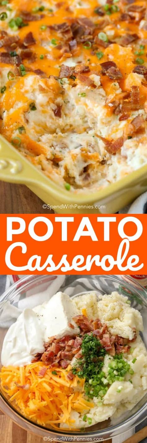 This easy twice baked potato casserole is loaded with all of our favorite potato flavors! Fluffy mashed potatoes, bacon, cheddar onions and sour cream! #spendwithpennies #potatocasserole #mashedpotatoes #leftovers #leftovermashedpotatoes #twicebakedpotato #twicebakedpotatocasserole #stuffedpotato #stuffedpotatocasserole Easy Twice Baked Potatoes, Loaded Potato Casserole, Twice Baked Potato Casserole, Crock Pot Baked Potatoes, Loaded Baked Potato Casserole, Twice Baked Potato, Mashed Potato Casserole, Twice Baked Potatoes Casserole, Cheesy Potato Casserole