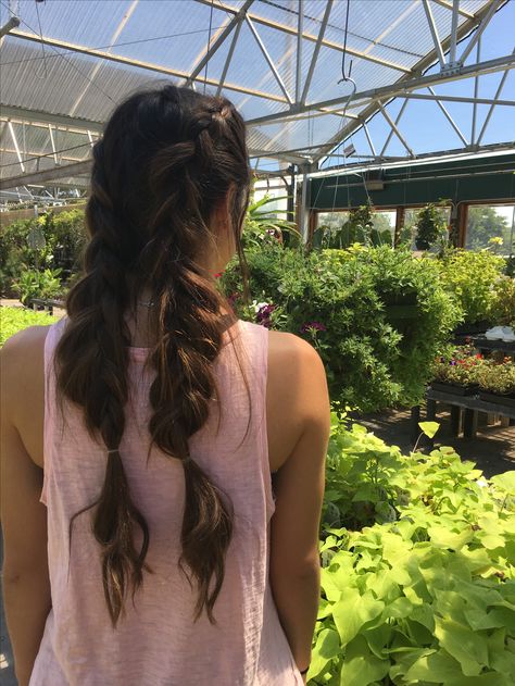 messy dutch braids and plants😊🌷 Dutch Braids With Curtain Bangs, Messy Two Braids, Two Messy Braids, Loose Dutch Braids, Messy Dutch Braids, Messy French Braid, Messy Plaits, Messy French Braids, Messy Braid