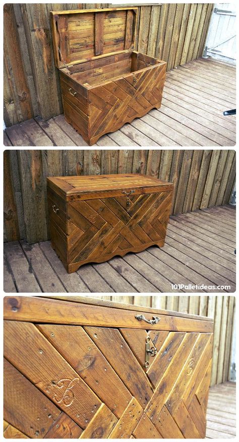 multichevron pallet robust wooden rustic chest Pallet Chest, Pallet Patio Furniture, Pallet Ideas Easy, Wood Patio Furniture, Wooden Pallet Furniture, Wooden Pallet Projects, Pallet Outdoor, Recycled Pallets, Pallet Crafts