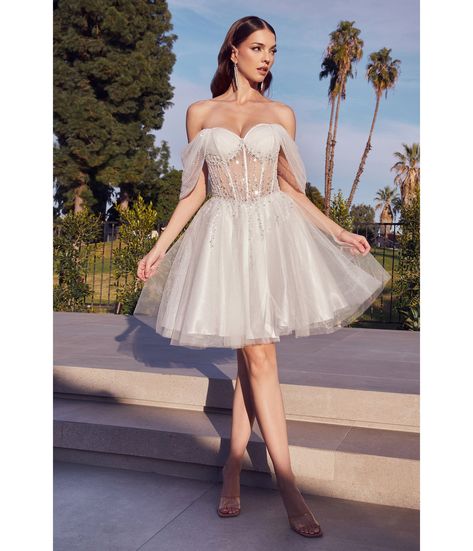 Off White Glitter Tulle Off Shoulder Corset Mini Dress – Unique Vintage Grade 8 Grad Dresses, Embellished Corset, Special Ocassion Dresses, Glitter Shorts, Corset Gown, Cinderella Divine, Fabric Glitter, Stunning Style, A Line Shorts