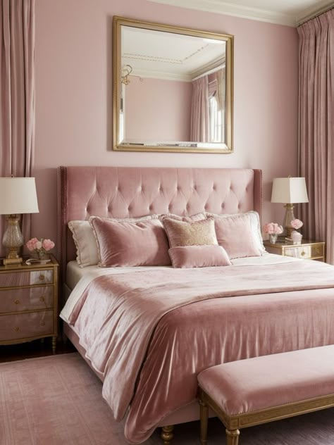 Pink Wall Pictures, Old Money Bedroom Aesthetic, Aesthetic Wall Pictures, Old Money Bedroom, Girly Interior, Interior Design Pink, Tufted Headboard Bedroom, Pink Decor Ideas, Dusty Pink Bedroom