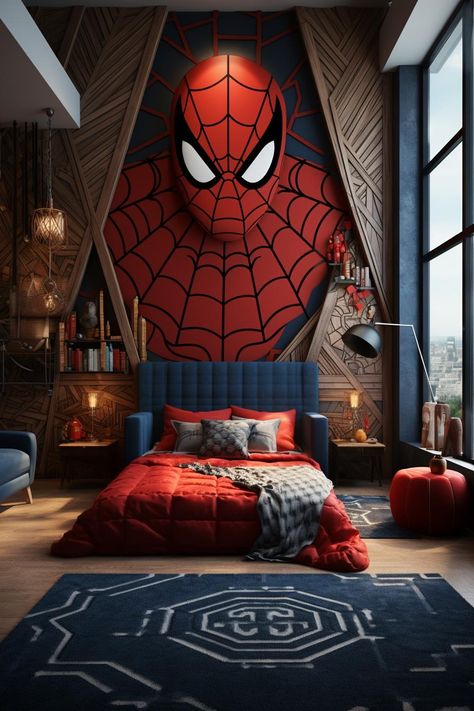 apartment decor ideas Train Shelf, Spiderman Room Decor, Spiderman Bedroom, Classic Bedroom Decor, Spiderman Room, Kid Bedrooms, Marvel Room, Bohemian Bedroom Design, Sage Green Bedroom