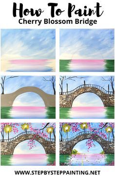 Cherry Blossom Bridge, Bridge Painting, Nature Hd, Acrylic Painting Lessons, Canvas Painting Tutorials, Painting Art Lesson, Canvas Painting Diy, Spring Painting, Acrylic Painting Tutorials