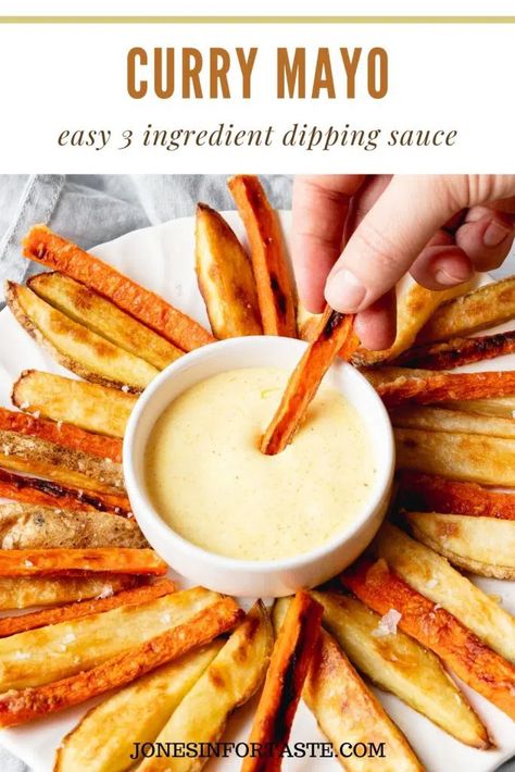 This simple 3 ingredient curry mayo can be used as a dipping sauce or as a sandwich spread and can be whipped up in just a few minutes. Curry Mayo, Carrot Fries Baked, Sharing Plate, Roasted Garlic Aioli, Homemade Curry, Carrot Fries, Baked Carrots, Sweet Potato Wedges, Recipe Cover