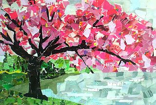 Collage from torn paper - so awesome. Should be the DC Cherry Blossom race poster... Collage Landscape, Paper Mosaic, Bd Art, Art Quilling, Theme Nature, Collage Art Projects, Paper Collage Art, Magazine Collage, Artwork Ideas