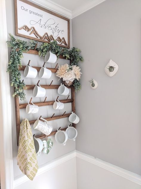 Wall Of Mugs Display, Pegboard Mug Display, Coffee Rack Wall, Mug Hooks On Wall, Mug Stand Display, Mug Pegboard, Diy Wall Mug Rack, Wall Mug Rack Display, Diy Mug Holder Wall