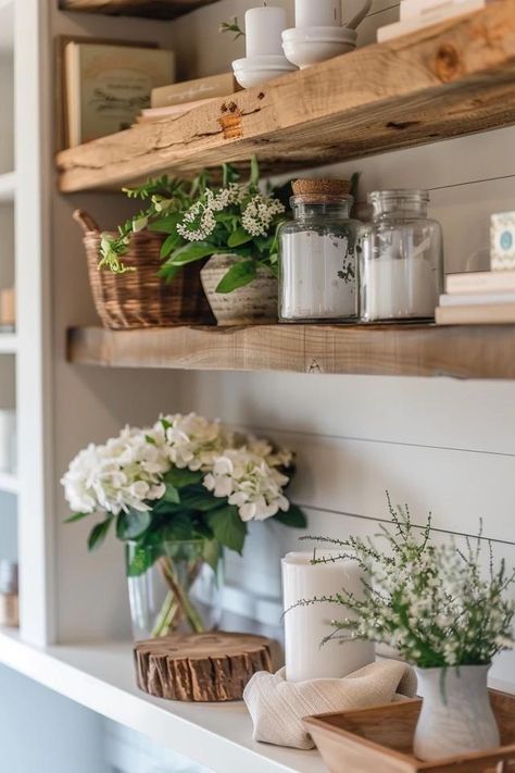 Charming Farmhouse Shelf Decor Ideas to Inspire Farmhouse Shelf Decor Ideas, Farmhouse Shelving, Farmhouse Shelf Decor, Shelf Decor Ideas, Farmhouse Kitchen Shelves, Farmhouse Shelves Decor, Magnolia Home Decor, Farmhouse Shelf, Kitchen Shelf Decor