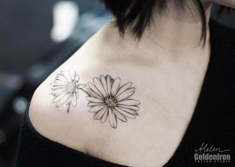 Daisy on Roslyn 🌸@rozzybox Innocence Tattoo, Gerber Daisy Tattoo, Shoulder Piece Tattoo, Daisy Tattoos, Daisy Tattoo Designs, Daisy Flower Tattoos, Bone Tattoo, Gerber Daisy, Daisy Tattoo