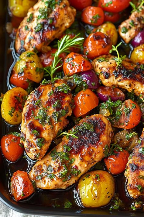 One Pan Balsamic Chicken Roast Veggies And Chicken, Balsamic Chicken And Tomatoes, Low Fiber Chicken Recipes, Chicken Breast Tomato Recipes, Healthy Chicken Sheet Pan Recipes, Food For Hangover, 4 Hour Body Recipes, Roasted Vegetables And Chicken, Balsamic Chicken And Veggies