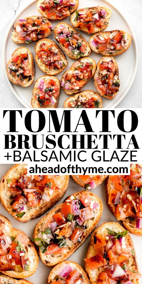 Crostini Appetizers Tomato, Baked Bruchetta Appetizers, Balsamic Bruchetta Recipe, Bruschetta Balsamic Glaze, Tomato Brushetta Appetizers, Bruschetta Recipe With Balsamic Glaze, Dinner Appetizer Recipes, Brushetta Recipes With Balsamic, Bruschetta Crostini Appetizers