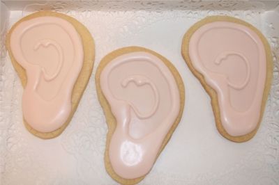 ear cookies By bonniebakes on CakeCentral.com Ear Surgery, Human Ear, Muffin Cake, Ear Party, Cupcake Muffins, Shaped Cookie, Grad Party, Grad Parties, Sugar Cookies Decorated